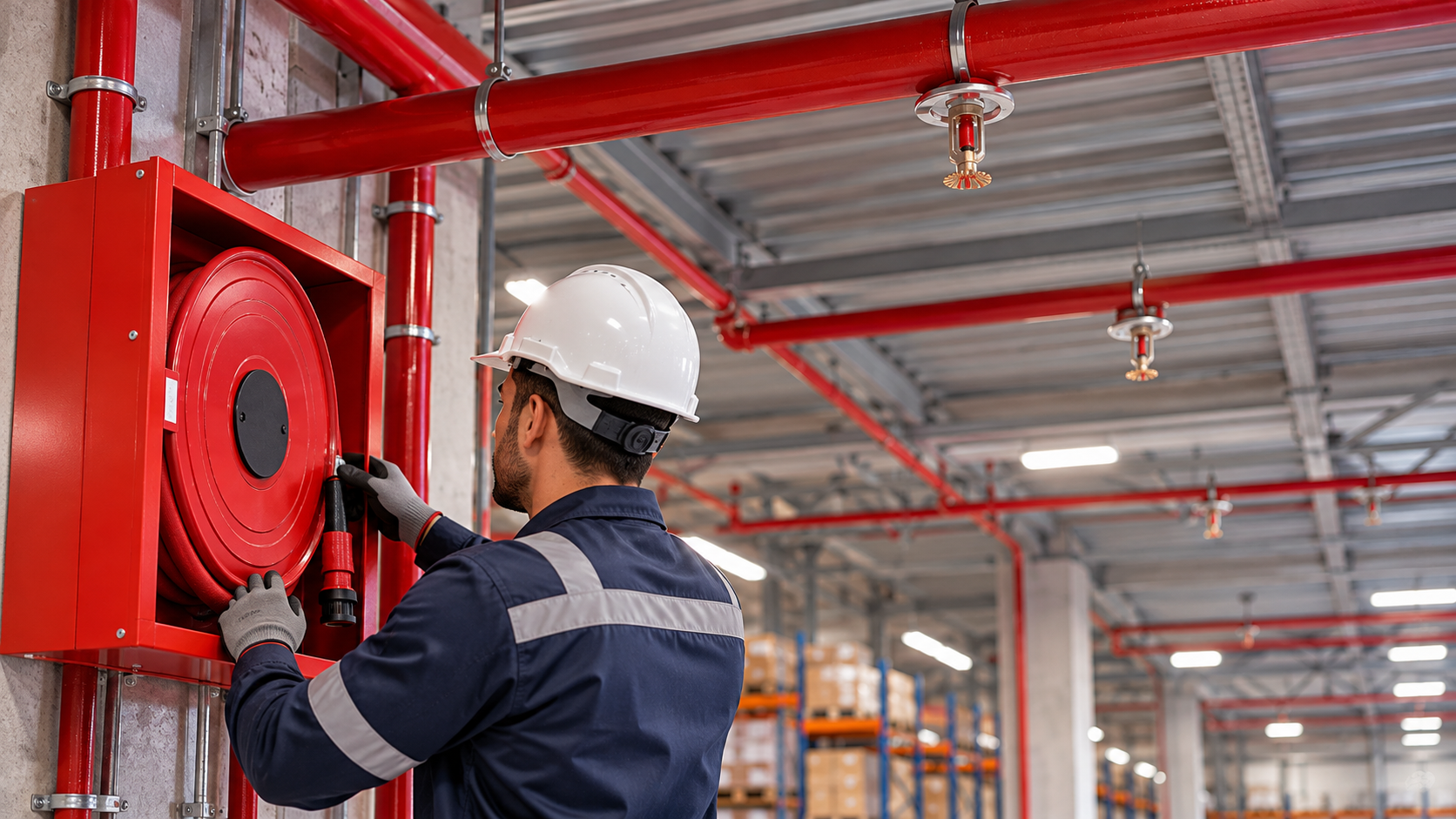 Técnico revisando una BIE y sistema de rociadores contra incendios en una instalación industrial