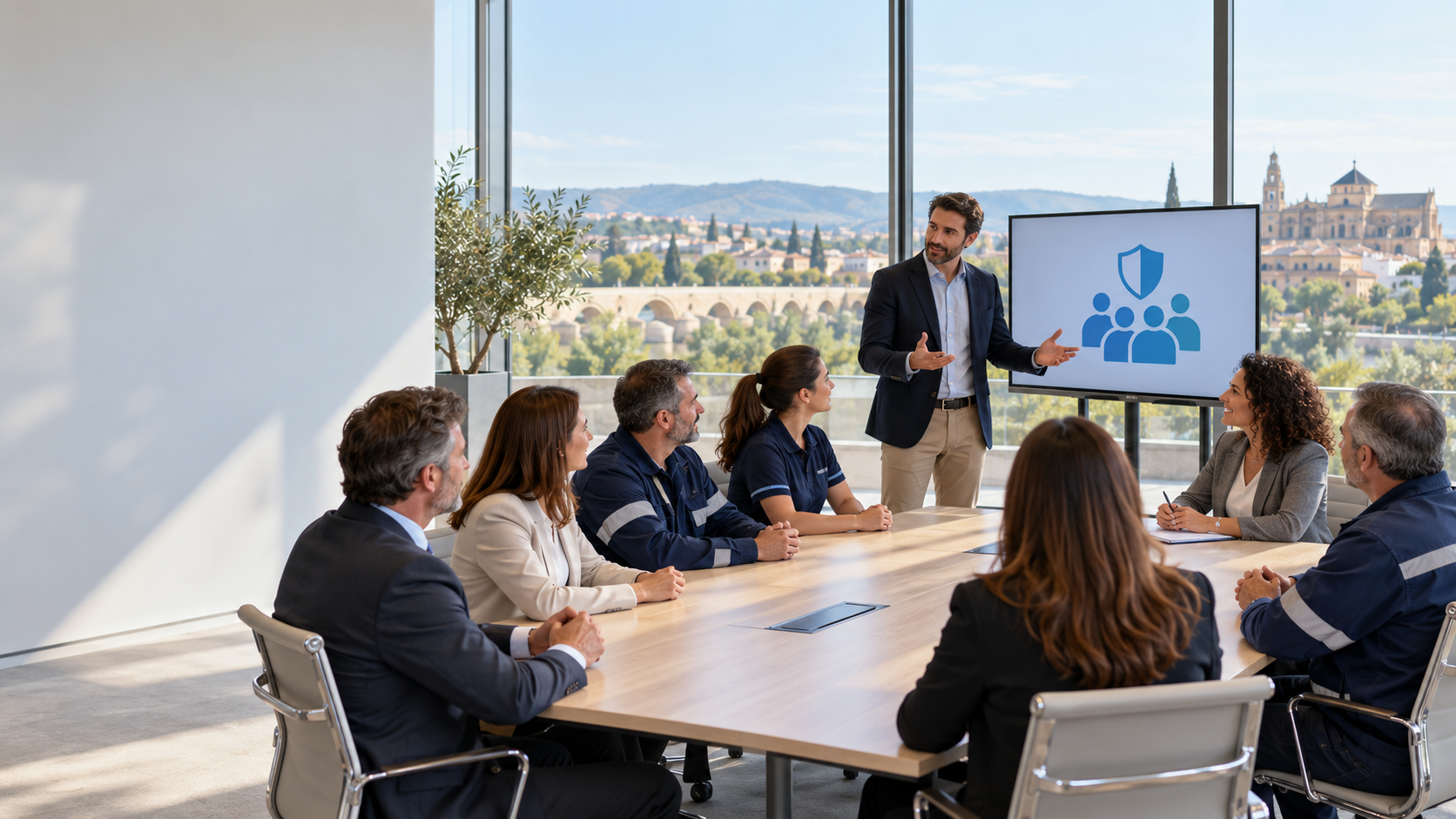 Reunión de directivos y trabajadores sobre previsión social colectiva en una empresa de Córdoba.
