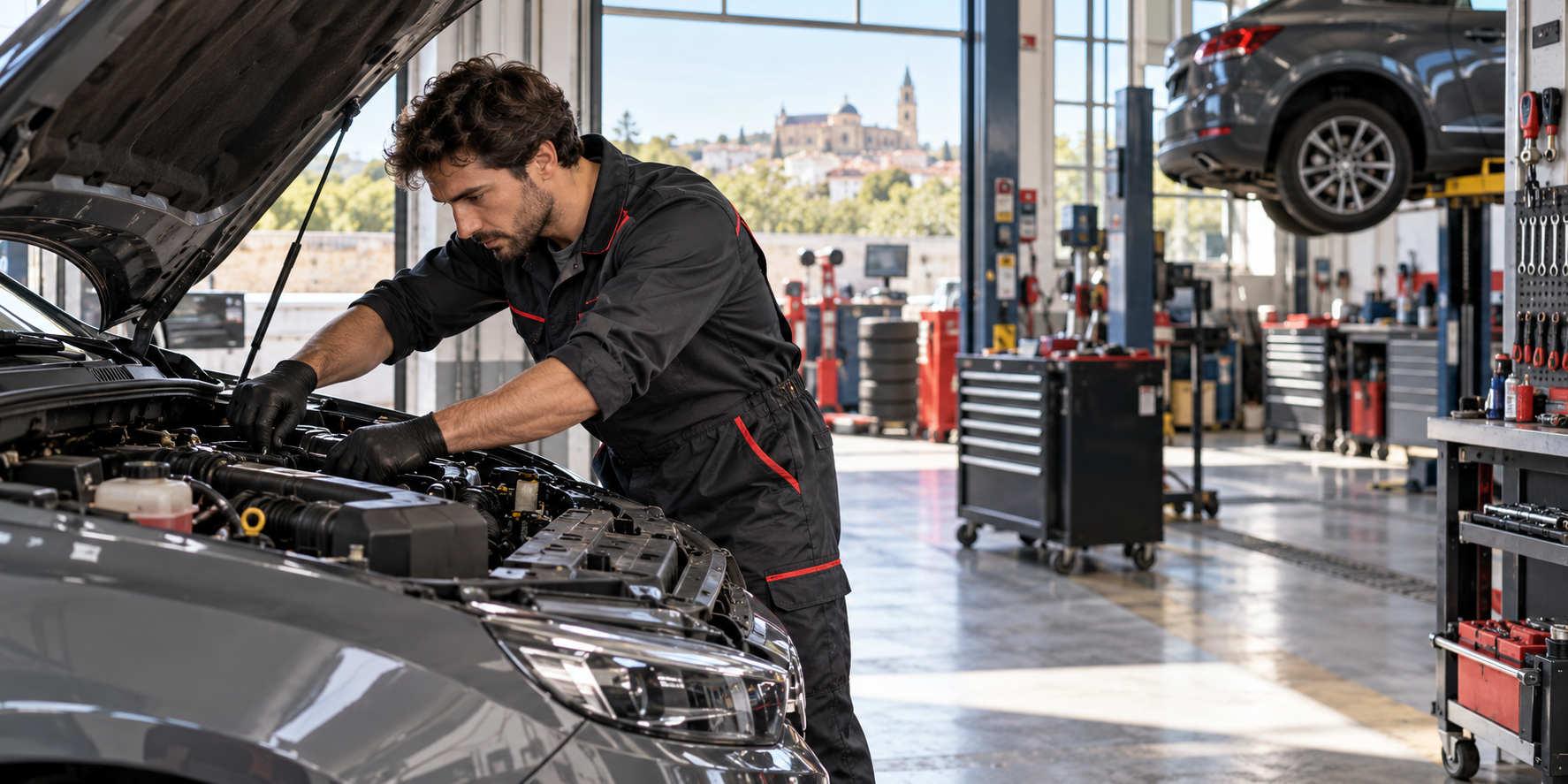 Mecánico reparando un coche en un taller