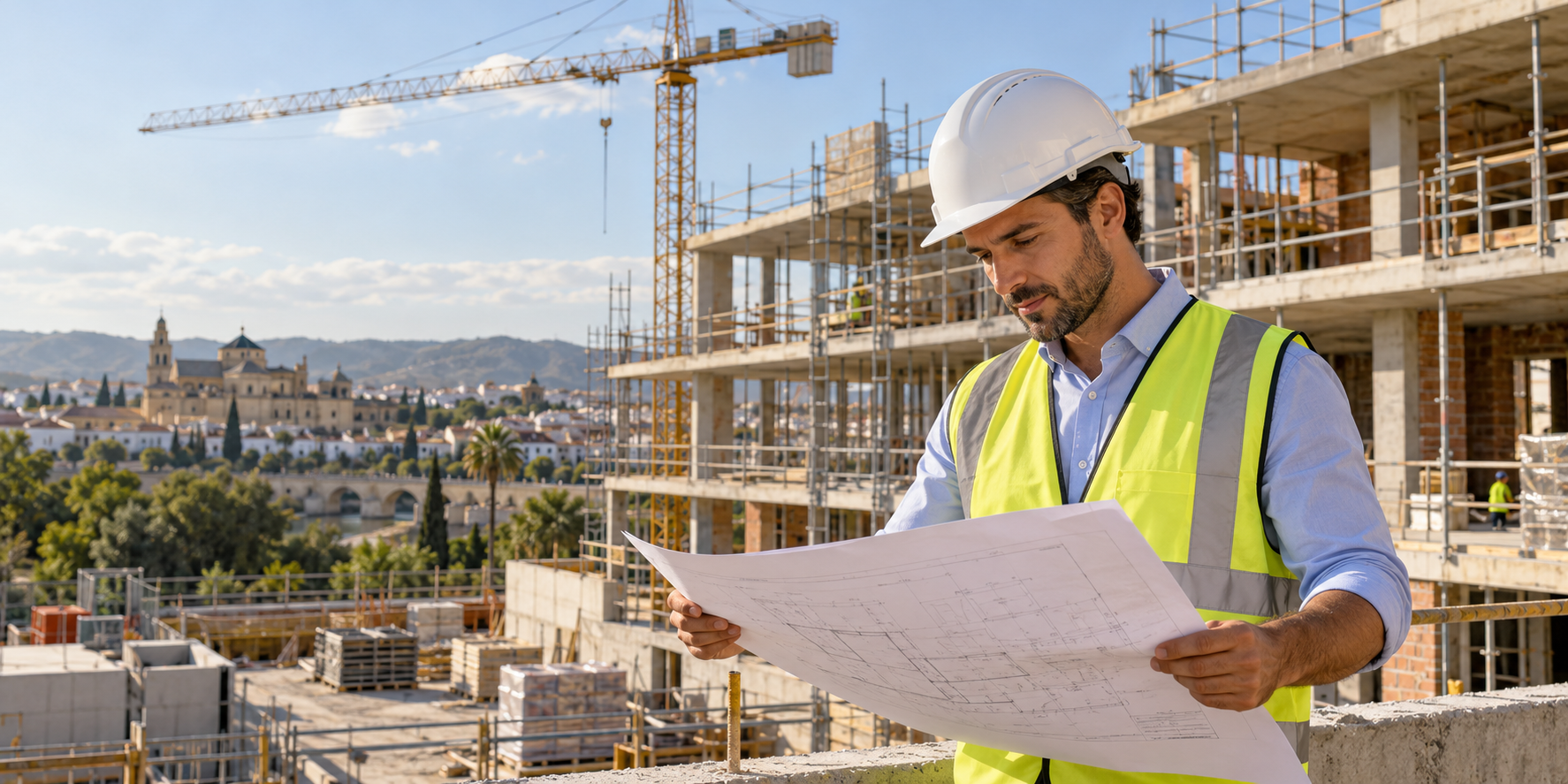 Profesional revisando planos en una obra de construcción en Córdoba